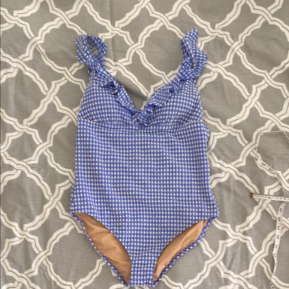 J Crew Blue and White Seersucker One Piece Swimsuit Sz lg